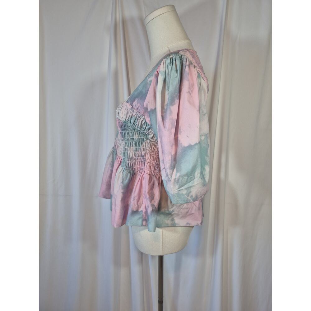 GANNI Pink Printed Cotton Puff Sleeve Smocked Top EU 38 US 6 - Picture 7 of 10